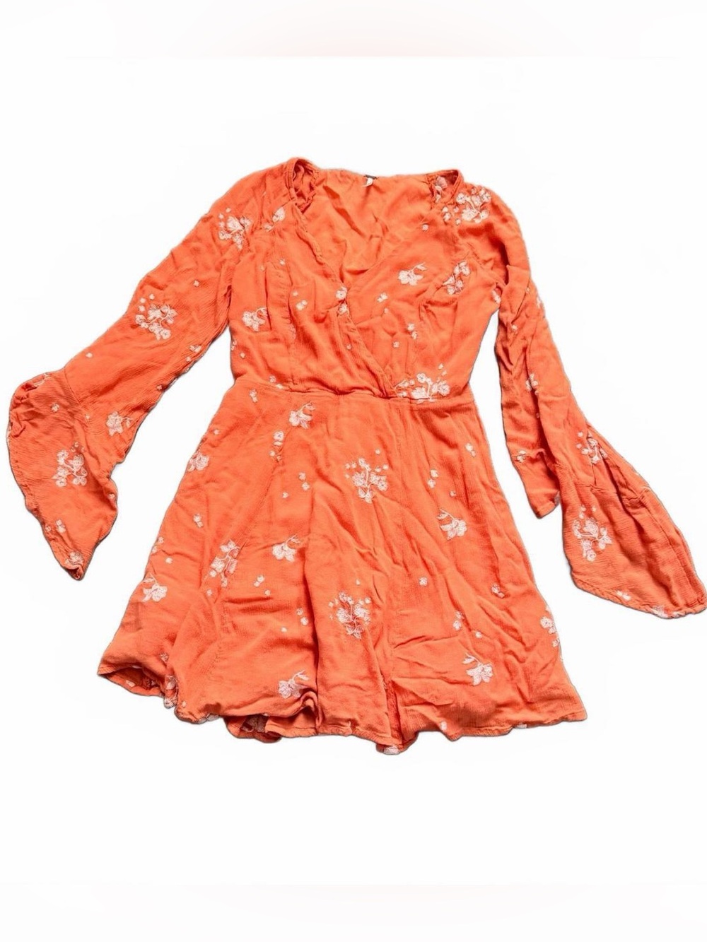 Free People Orange Floral Long-Sleeve Wrap Dress
